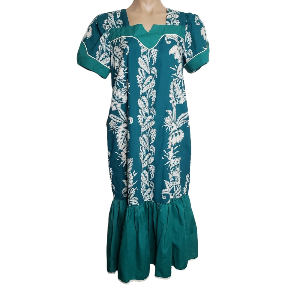 Vintage Lucky You Hawaiian Dress Teal Green Made in Hawaii Aloha Size L
